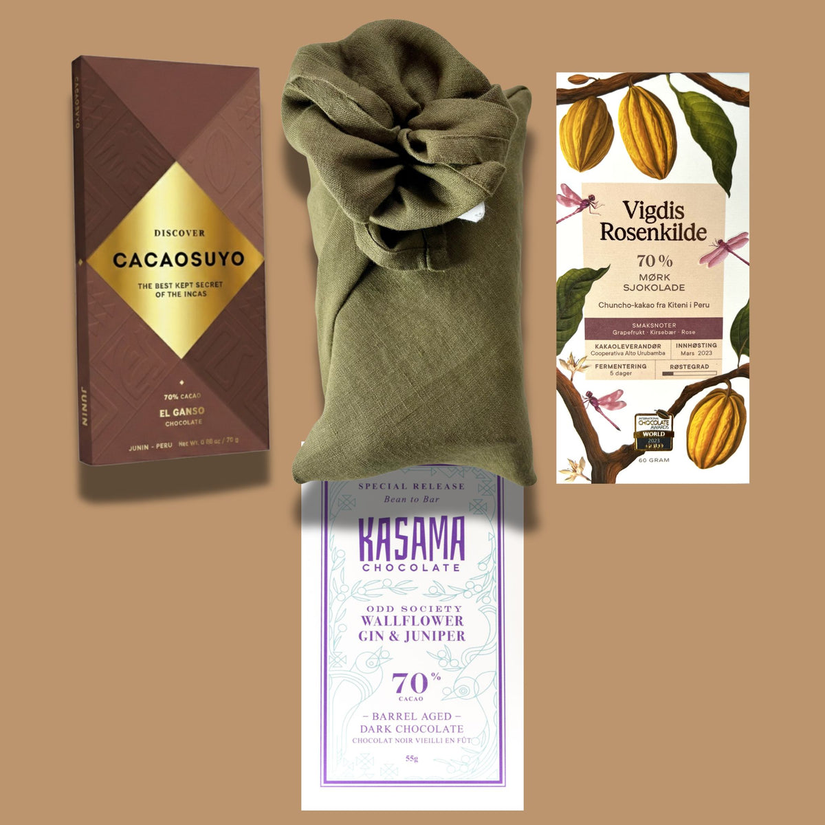 Award-winning dark chocolate gift set wrapped in olive linen furoshiki, with Cacaosuyo El Ganso, Vigdis Rosenkilde Kiteni and Kasama Wallflower Gin bars.