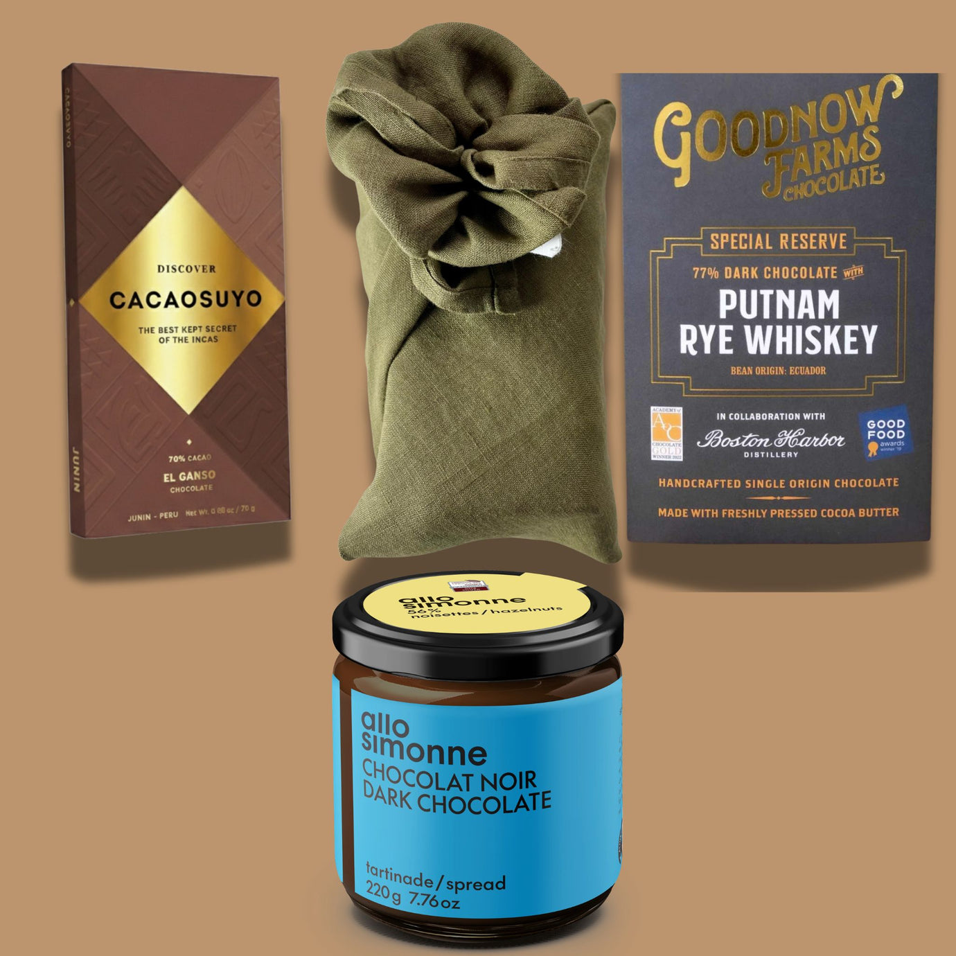 award-winning dark chocolate gift box wrapped in olive linen furoshiki