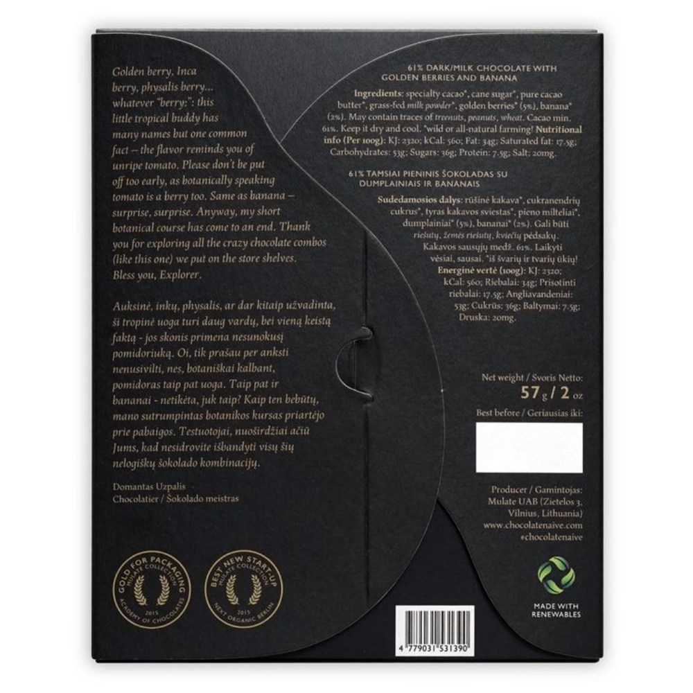 Organic Bar Chocolate - Naive Golden Berries & Banana 61%